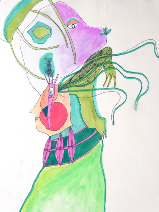 Dessin intitulée "La bête sur la tête" par Sandra Pohin, Œuvre d'art originale, Aquarelle