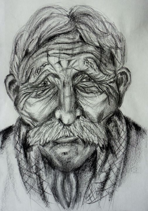 Dessin intitulée "Old Man Romania.jpg" par Sandra Schacherl, Œuvre d'art originale, Fusain