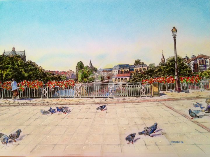 Dessin intitulée "Au pont des thermes" par Sandra B., Œuvre d'art originale, Crayon