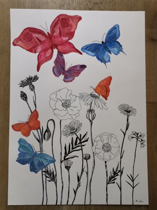 Drawing titled "Papillons et fleurs…" by Sandra Delfanne, Original Artwork, Ink