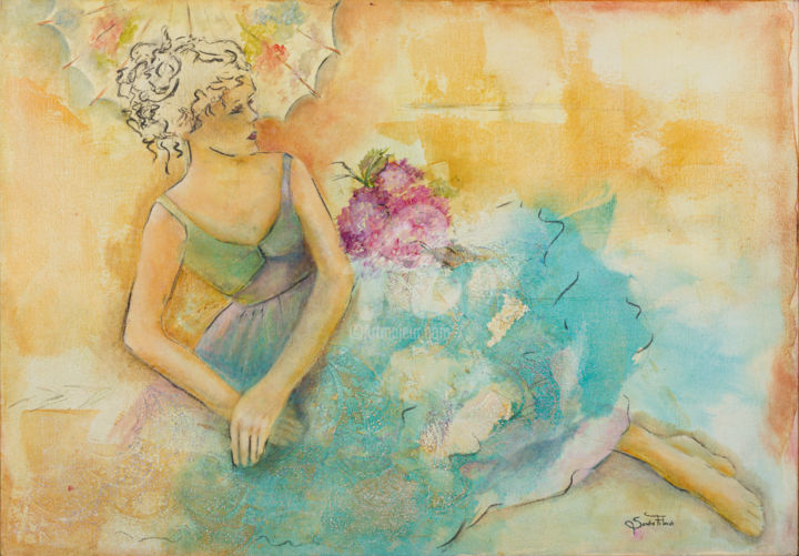 Painting titled "Moça em Azul" by Sandra Filardi, Original Artwork, Oil