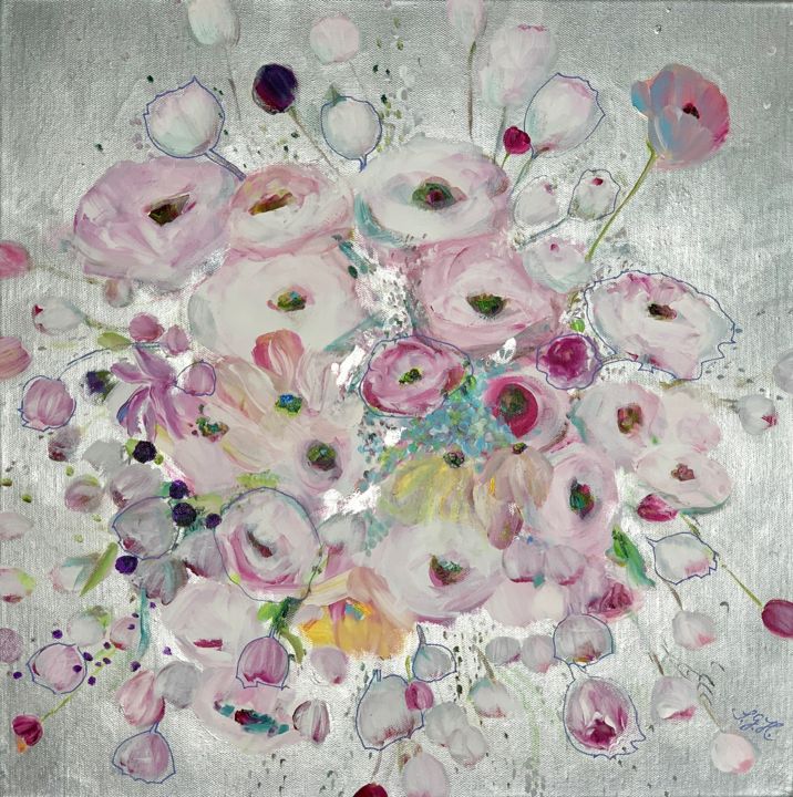 Malerei mit dem Titel "Flowers in Silver" von Sandra Gebhardt-Hoepfner, Original-Kunstwerk, Acryl