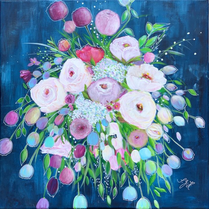 Malerei mit dem Titel "Flowers on Darkblue" von Sandra Gebhardt-Hoepfner, Original-Kunstwerk, Acryl