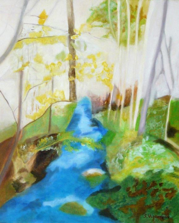 Pintura intitulada "Au bord du ruisseau…" por Sandra Vigouroux, Obras de arte originais, Óleo