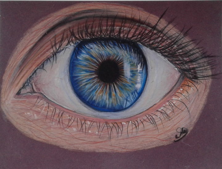 Drawing titled "oeil bleu" by Sandrine Delbove Dessins, Original Artwork, Pencil