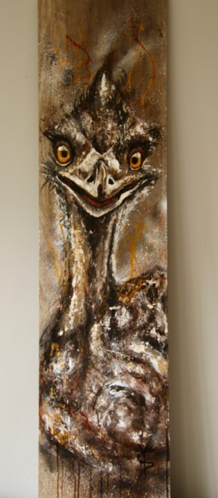 Peinture intitulée "L’émeu espiègle" par Sandrine Demailly, Œuvre d'art originale, Acrylique Monté sur Panneau de bois