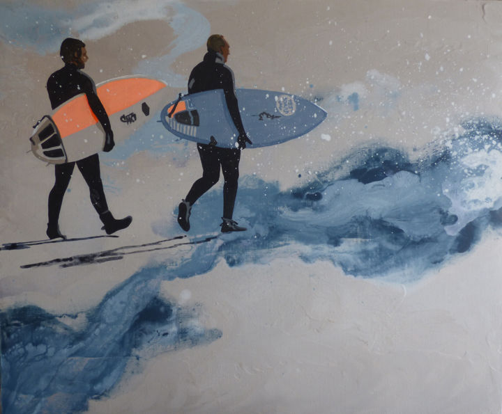 Peinture intitulée ""surfs d'hiver"" par Sandrine Gergaud, Œuvre d'art originale, Acrylique Monté sur Châssis en bois
