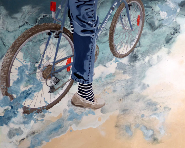 Peinture intitulée ""vélo douanier"" par Sandrine Gergaud, Œuvre d'art originale, Acrylique Monté sur Châssis en bois