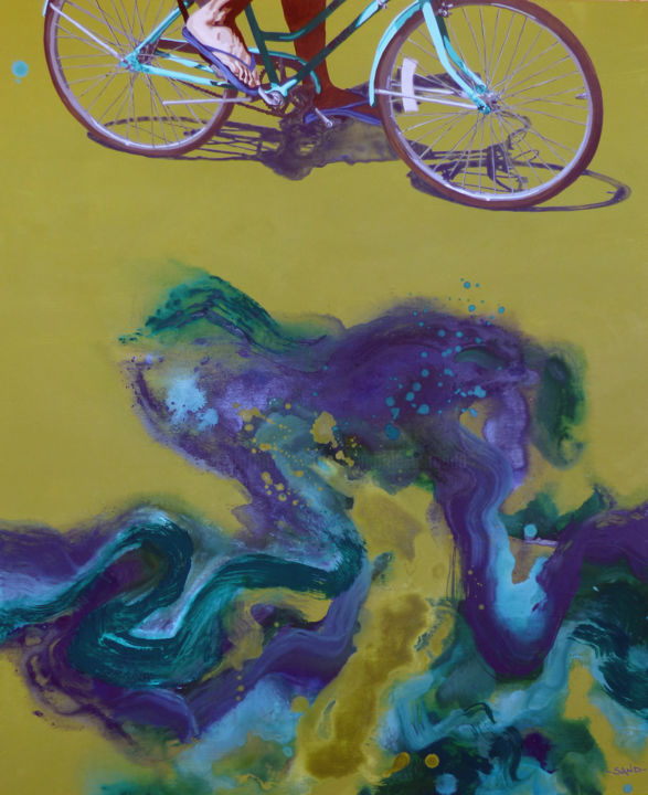 Painting titled "vélo mousse" by Sandrine Gergaud, Original Artwork, Acrylic Mounted on Wood Stretcher frame
