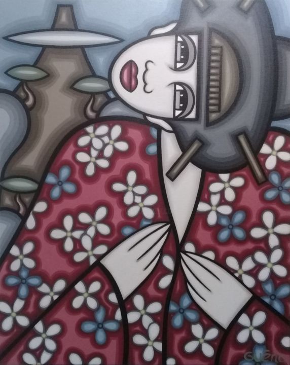 Painting titled "Kimono et mont Fuji" by Guena, Original Artwork, Acrylic