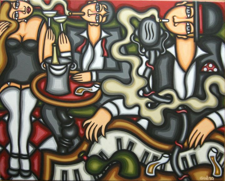 Peinture intitulée "Piano bar et champa…" par Guena, Œuvre d'art originale, Acrylique