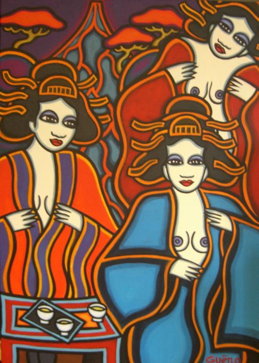 Painting titled "Geishas" by Guena, Original Artwork, Acrylic