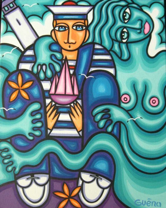 Peinture intitulée "Le marin et la mer" par Guena, Œuvre d'art originale, Acrylique