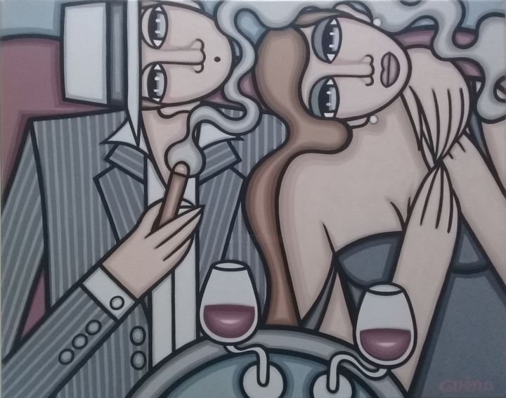 Peinture intitulée "Bordeaux, cigare et…" par Guena, Œuvre d'art originale, Acrylique