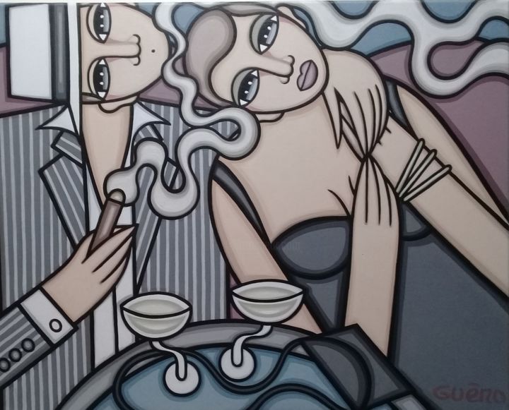 Peinture intitulée "Champagne, cigare e…" par Guena, Œuvre d'art originale, Acrylique Monté sur Châssis en bois