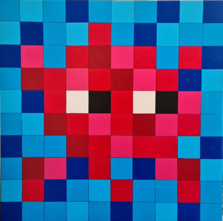 Painting titled "Space Invader Red" by Guena, Original Artwork, Acrylic Mounted on Wood Stretcher frame