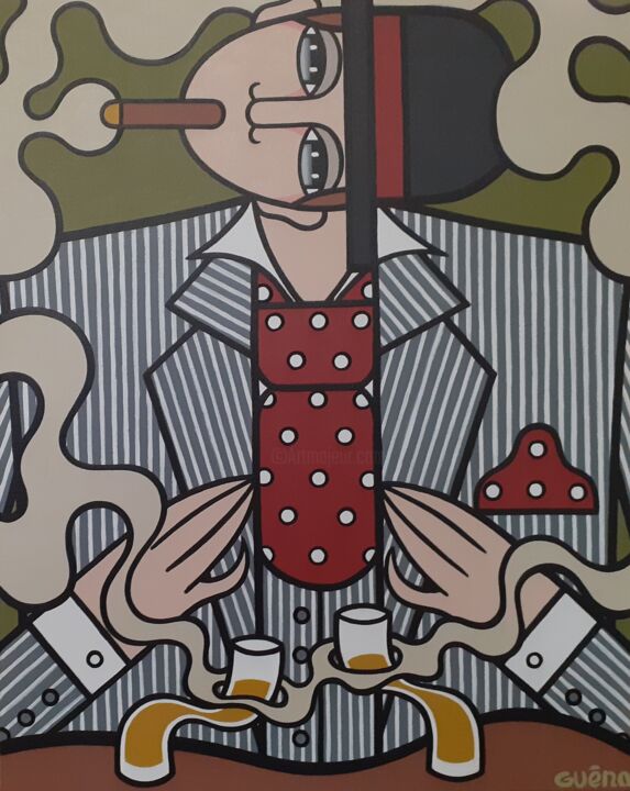 Schilderij getiteld "Fumeur de cigare au…" door Guena, Origineel Kunstwerk, Acryl Gemonteerd op Frame voor houten brancard