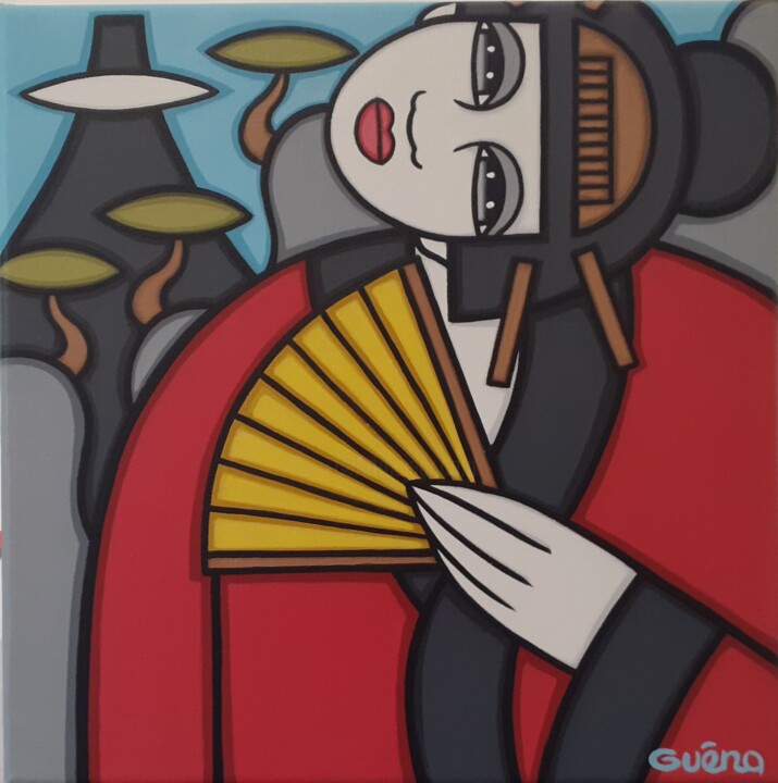 Peinture intitulée "La Geisha à l'évent…" par Guena, Œuvre d'art originale, Acrylique Monté sur Châssis en bois