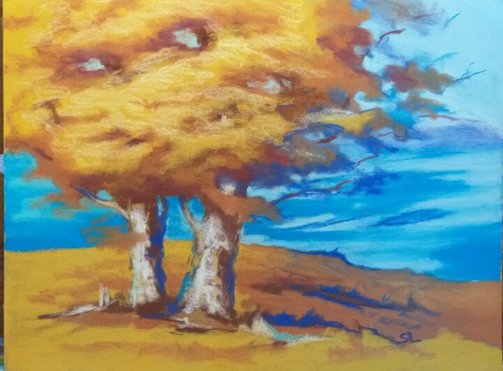 Drawing titled "Deux Arbres Bouleaux" by Sandrine Lefebvre, Original Artwork, Pastel