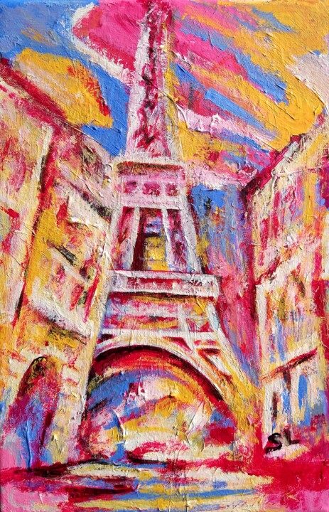 Картина под названием "Paris tour Eiffel" - Sandrine Lefebvre, Подлинное произведение искусства, Акрил Установлен на Деревян…