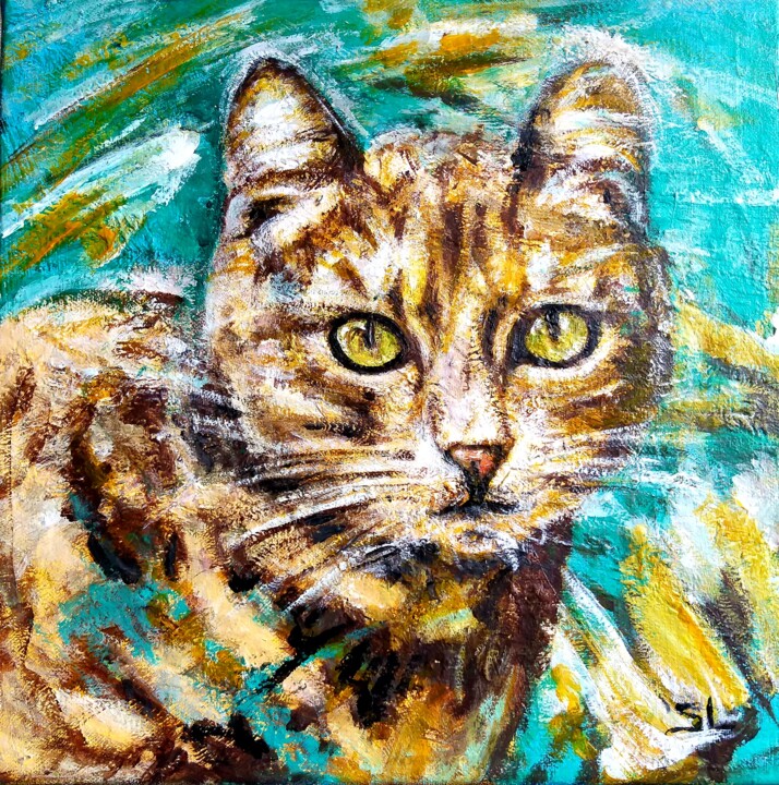 Картина под названием "Portrait chat tigré" - Sandrine Lefebvre, Подлинное произведение искусства, Акрил Установлен на Дерев…