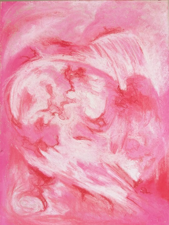 Painting titled "Abstrait Coeur Rose" by Sandrine Lefebvre, Original Artwork, Pastel