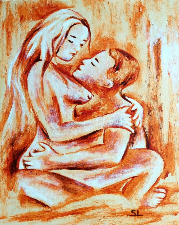 Painting titled "Étreinte amoureuse" by Sandrine Lefebvre, Original Artwork, Acrylic Mounted on Wood Stretcher frame