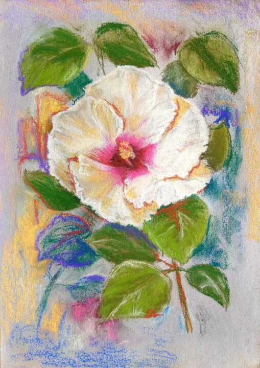 Peinture intitulée "Hibiscus Blanc Fleur" par Sandrine Lefebvre, Œuvre d'art originale, Pastel