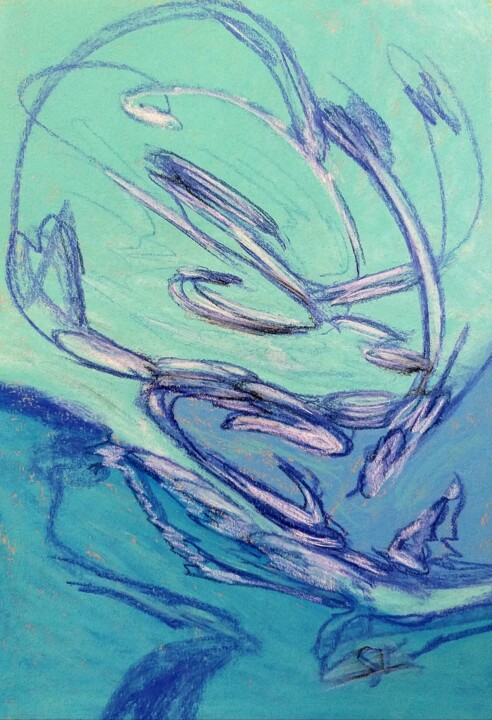 Malarstwo zatytułowany „Abstrait Bleu Lagon…” autorstwa Sandrine Lefebvre, Oryginalna praca, Pastel