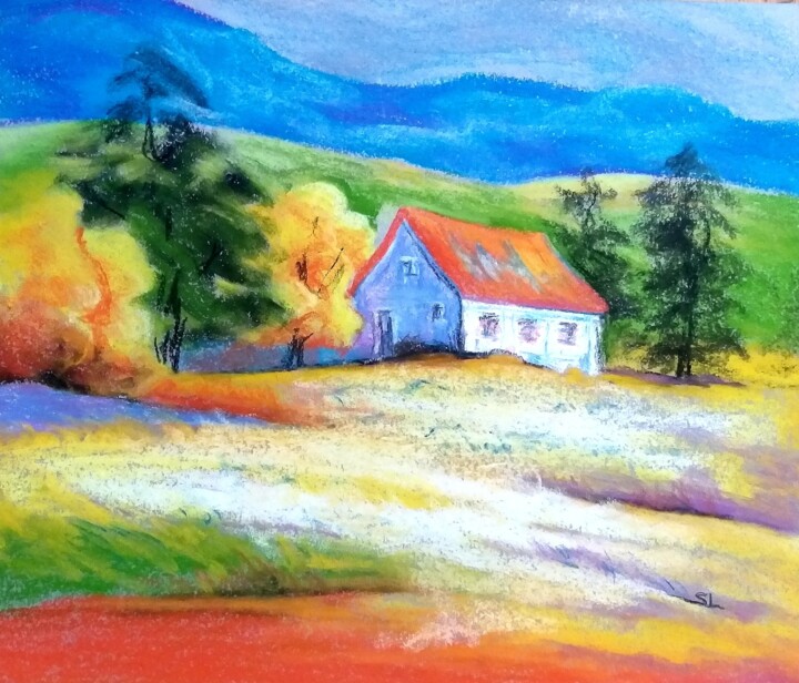 Painting titled "Maison de Montagne,…" by Sandrine Lefebvre, Original Artwork, Pastel