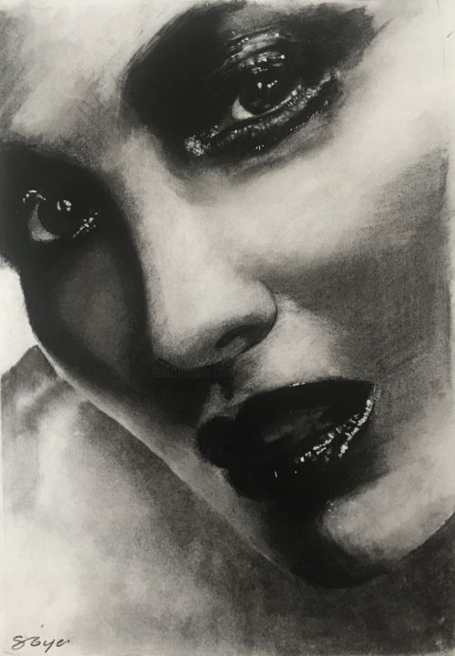 Drawing titled "Portrait n°1" by Sandrine Royer, Original Artwork, Graphite Mounted on Glass
