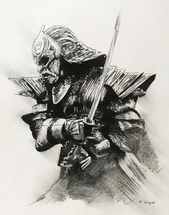 Drawing titled "Samouraï Ronin" by Sandrine Royer, Original Artwork, Graphite Mounted on Glass