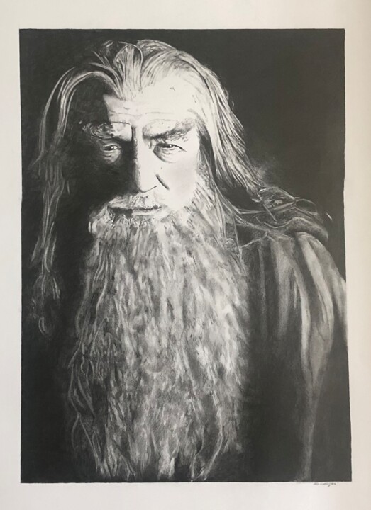 Drawing titled "Gandalf" by Sandrine Royer, Original Artwork, Graphite Mounted on Glass