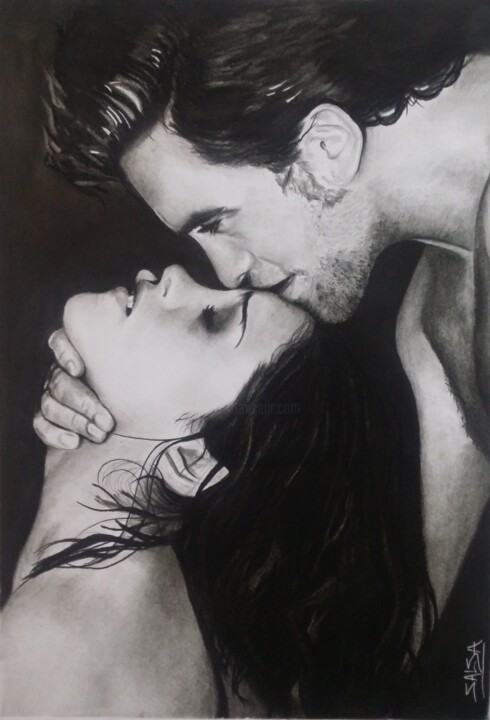 Drawing titled "Édouard et Bella" by Sandrine Saloni, Original Artwork, Graphite