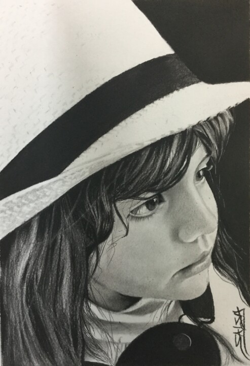 Drawing titled "Ma belle au chapeau…" by Sandrine Saloni, Original Artwork, Graphite