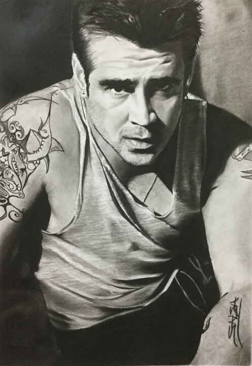 Drawing titled "Colin Farrell" by Sandrine Saloni, Original Artwork, Ink