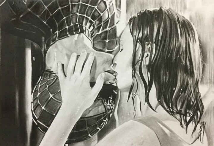 Dessin intitulée "Spider kiss" par Sandrine Saloni, Œuvre d'art originale, Graphite