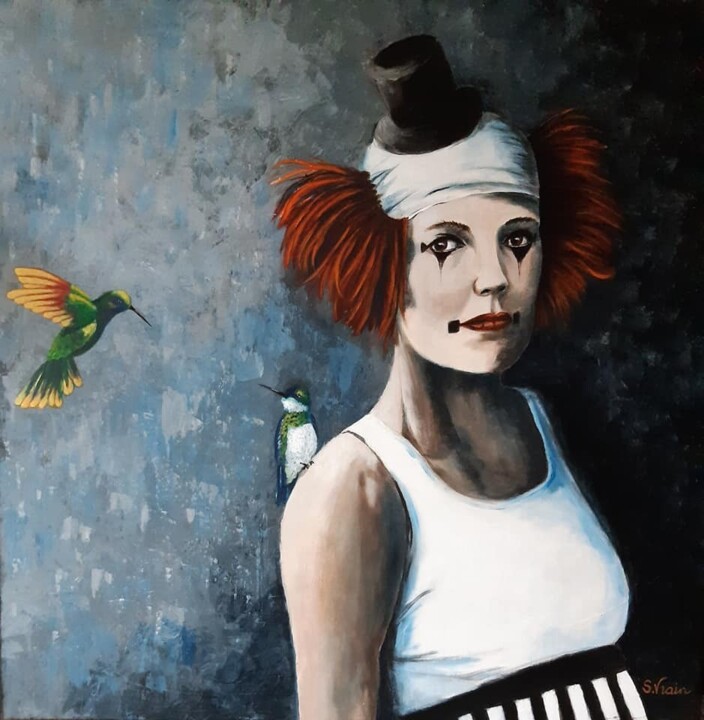 Painting titled "Le colibri" by Sandrine Vrain, Original Artwork, Oil