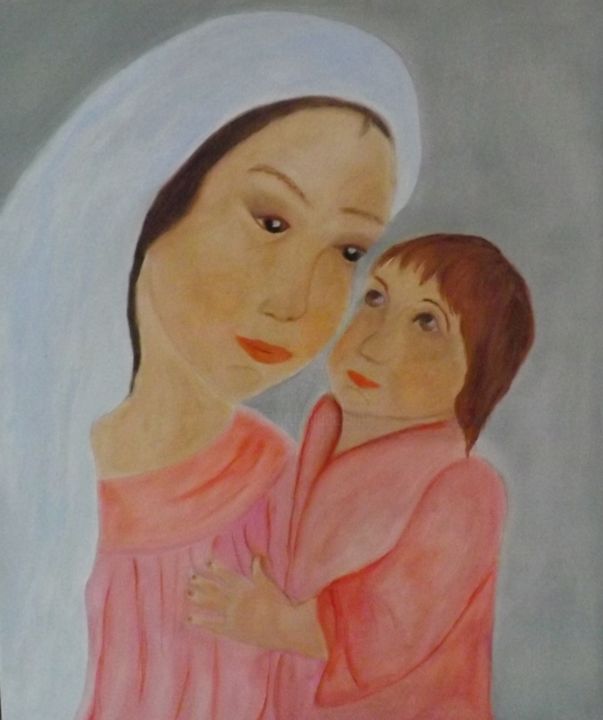 Painting titled "vierge à l'enfant" by Sandrine Swan Wimart, Original Artwork, Oil