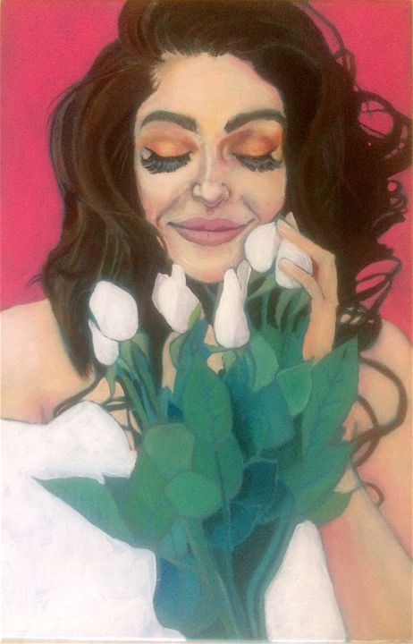 Peinture intitulée "belle au bouquet" par Sandrine Gambou Guercy, Œuvre d'art originale, Acrylique