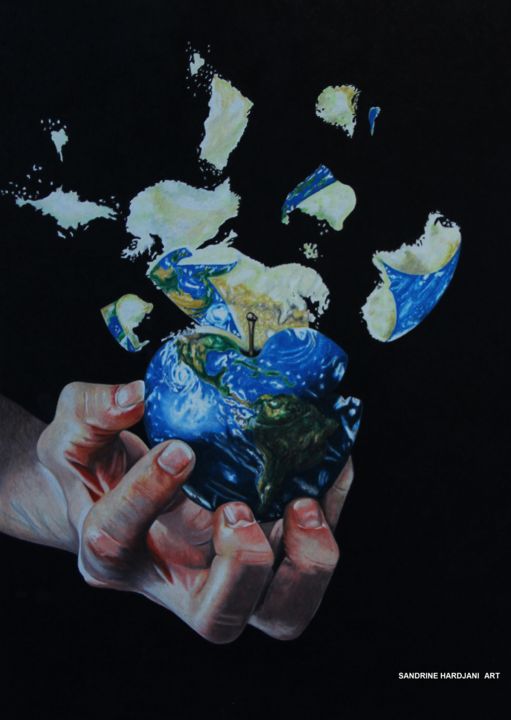 Dibujo titulada "La Terre est Bleue…" por Sandrine Hardjani, Obra de arte original