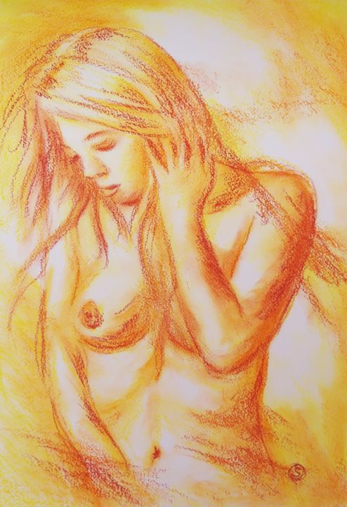 Disegno intitolato "Femme Seins Nus" da Sandrine Lefebvre, Opera d'arte originale, Pastello