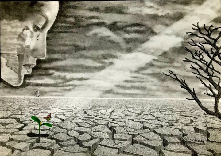 Drawing titled "Le cri de la nature" by Sandrine Piegay, Original Art, Graphite