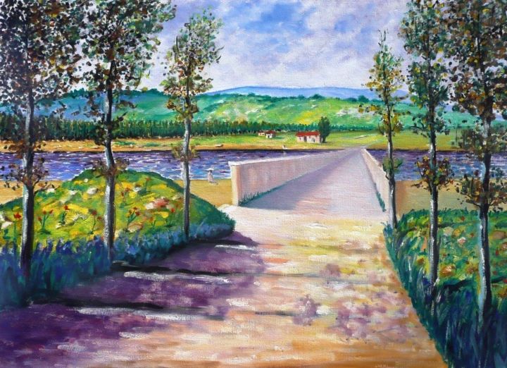 Pittura intitolato "Paesaggio fluviale" da Sandro Sabatini, Opera d'arte originale, Olio