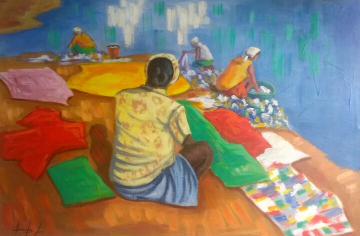 Malerei mit dem Titel "Lavadeiras" von Sandro José, Original-Kunstwerk, Acryl