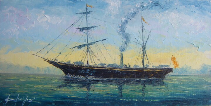 Schilderij getiteld "Navio cargueiro" door Sandro José Da Silva, Origineel Kunstwerk, Olie