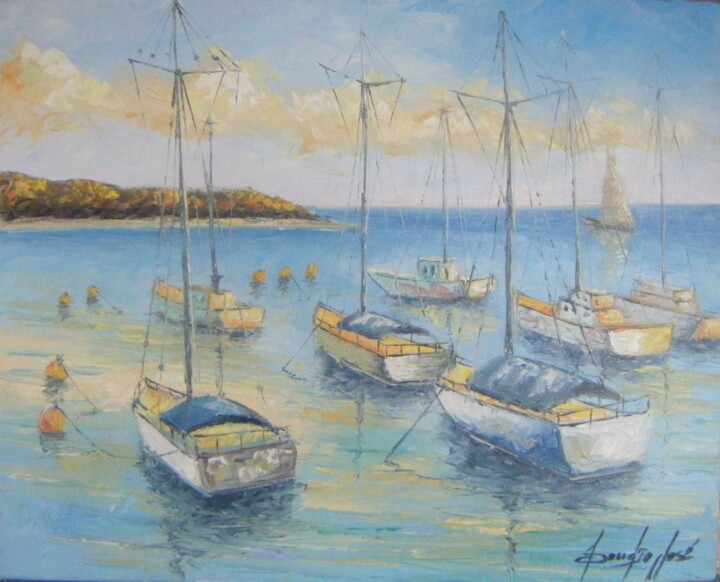 Painting titled "Marinha com barcos" by Sandro José Da Silva, Original Artwork, Oil
