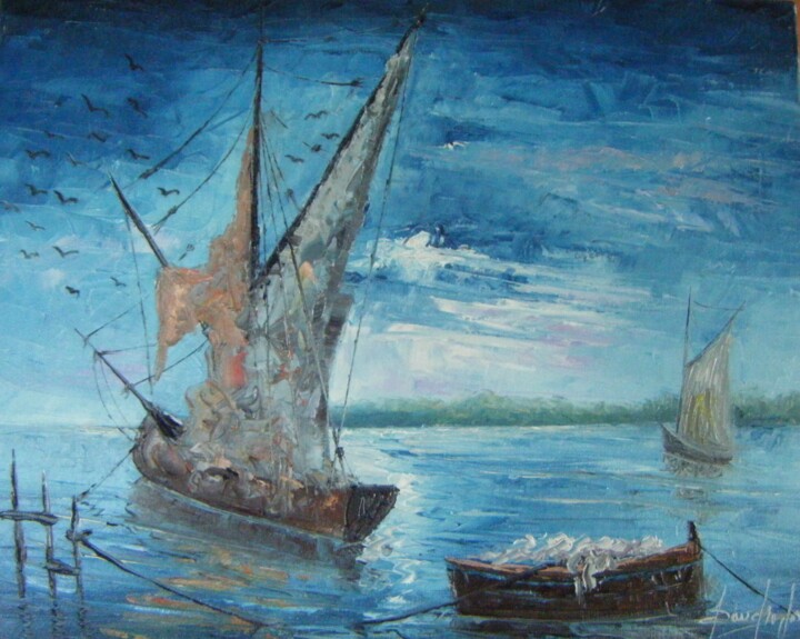 Pintura intitulada "Marinha noturna" por Sandro José Da Silva, Obras de arte originais, Óleo