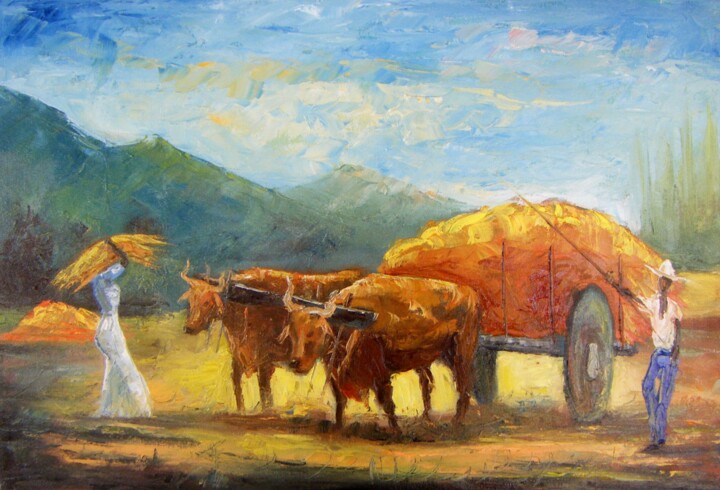 Painting titled "Carro de boi no tri…" by Sandro José Da Silva, Original Artwork, Oil