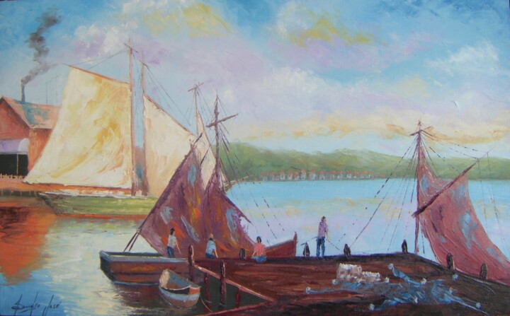 Painting titled "Barcos no cais" by Sandro José Da Silva, Original Artwork, Oil